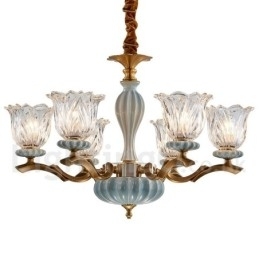 Retro Vintage Messing Keramiek Hangende Kaars Kroonluchter met Glazen Kapjes