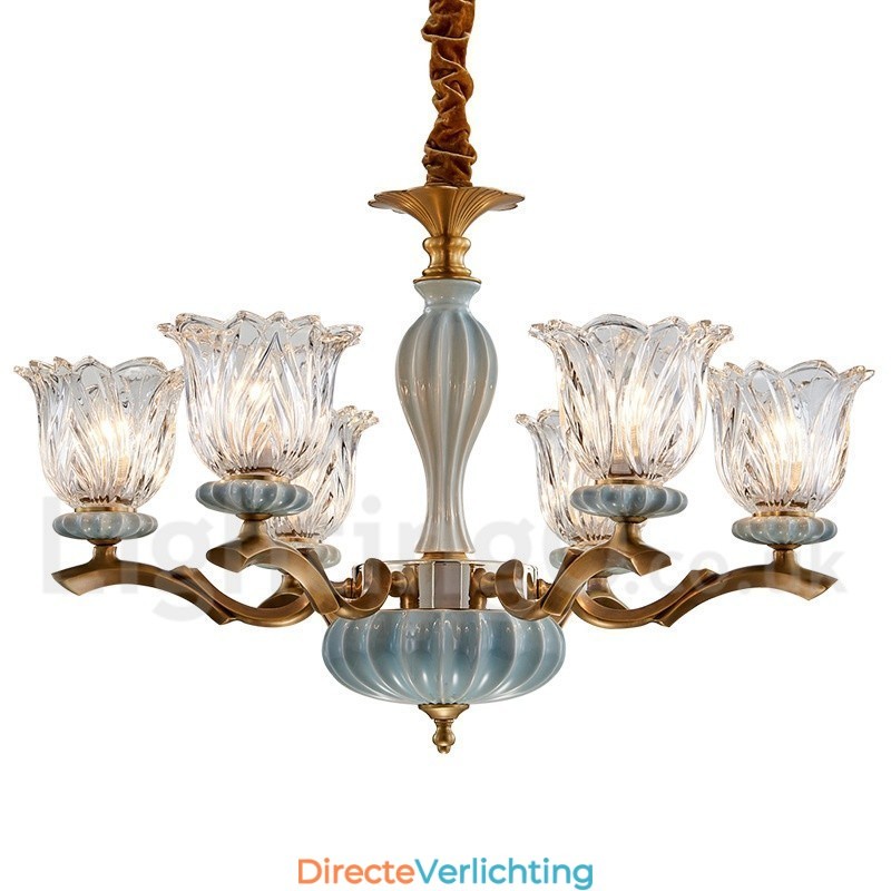 Retro Vintage Messing Keramiek Hangende Kaars Kroonluchter met Glazen Kapjes