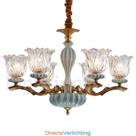 Retro Vintage Messing Keramiek Hangende Kaars Kroonluchter met Glazen Kapjes Retro Vintage Messing Keramiek Hangende Kaars Kroonluchter met Glazen Kapjes