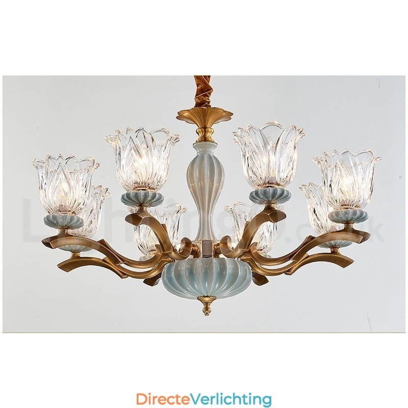 Retro Vintage Messing Keramiek Hangende Kaars Kroonluchter met Glazen Kapjes