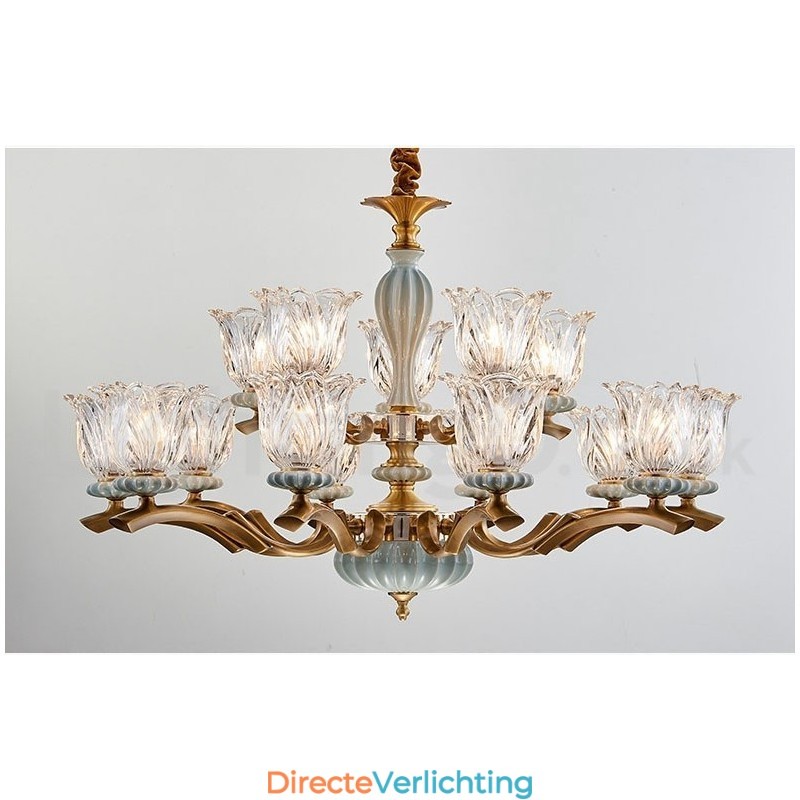 Retro Vintage Messing Keramiek Hangende Kaars Kroonluchter met Glazen Kapjes