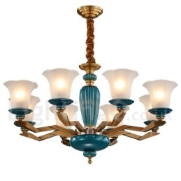Retro Vintage Messing Keramiek Hangende Kaars Kroonluchter met Glazen Kapjes