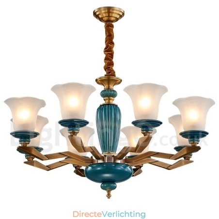 Retro Vintage Messing Keramiek Hangende Kaars Kroonluchter met Glazen Kapjes Retro Vintage Messing Keramiek Hangende Kaars Kroonluchter met Glazen Kapjes