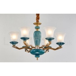 Retro Vintage Messing Keramiek Hangende Kaars Kroonluchter met Glazen Kapjes