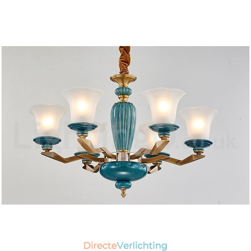 Retro Vintage Messing Keramiek Hangende Kaars Kroonluchter met Glazen Kapjes