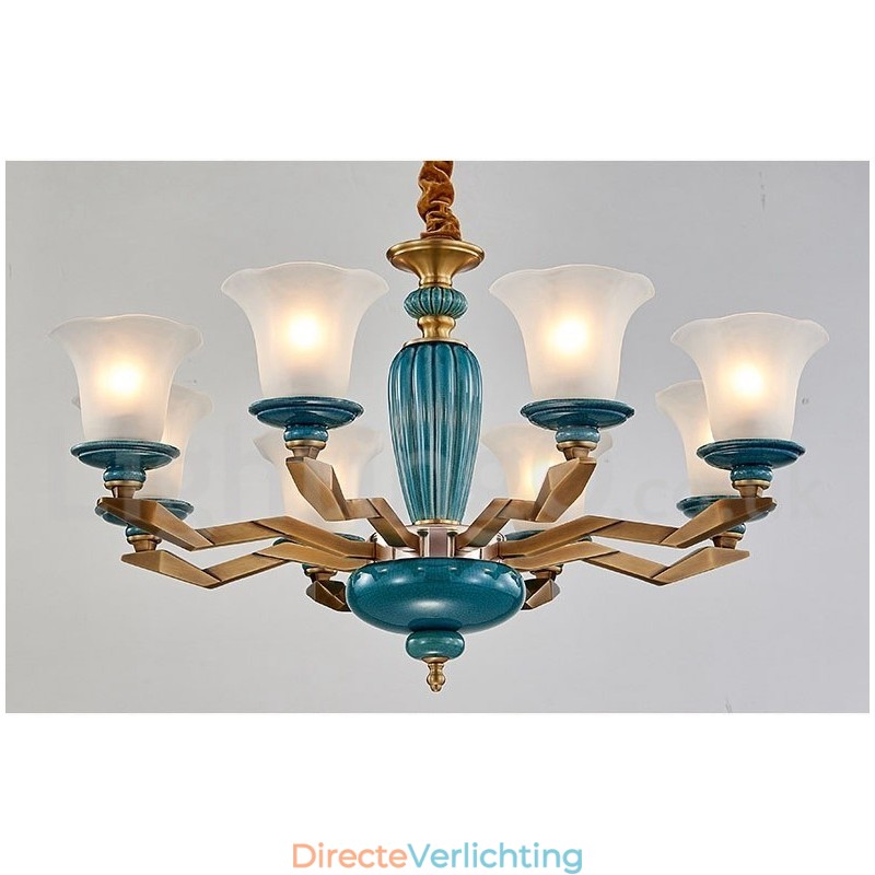 Retro Vintage Messing Keramiek Hangende Kaars Kroonluchter met Glazen Kapjes