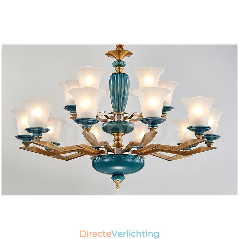 Retro Vintage Messing Keramiek Hangende Kaars Kroonluchter met Glazen Kapjes