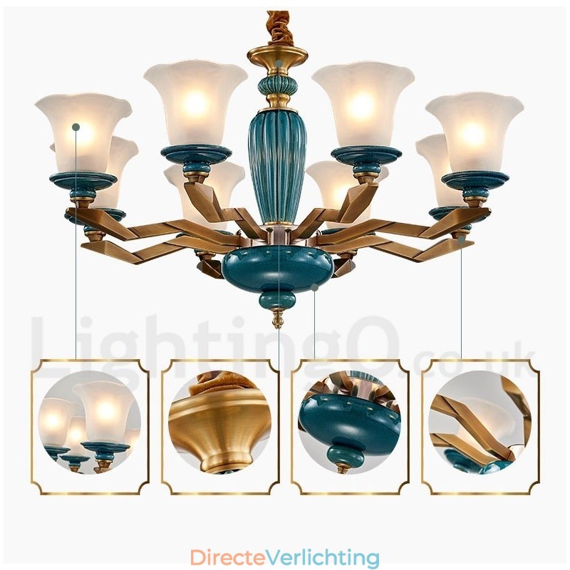 Retro Vintage Messing Keramiek Hangende Kaars Kroonluchter met Glazen Kapjes