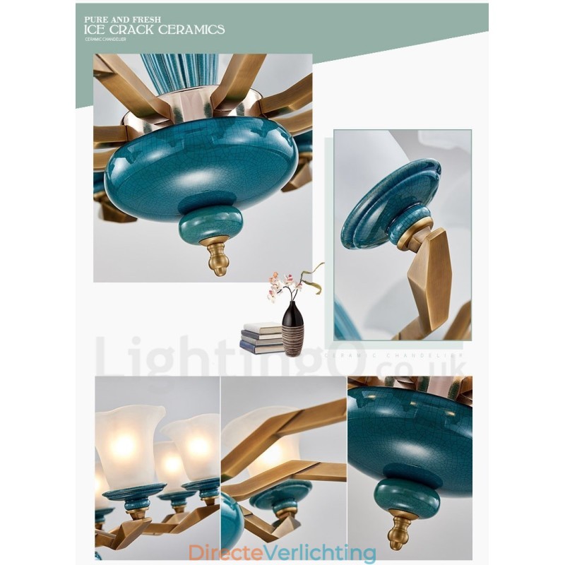 Retro Vintage Messing Keramiek Hangende Kaars Kroonluchter met Glazen Kapjes