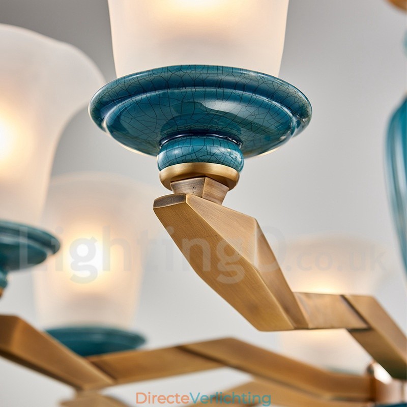 Retro Vintage Messing Keramiek Hangende Kaars Kroonluchter met Glazen Kapjes