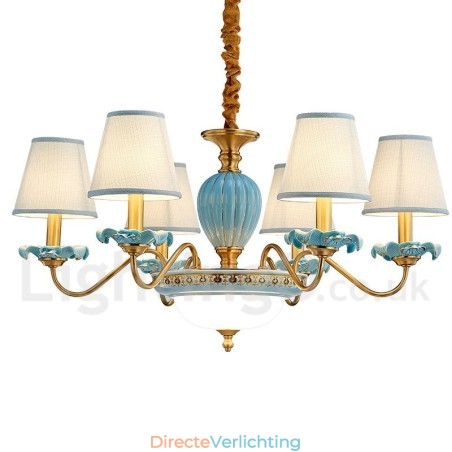 Retro Vintage Messing Keramiek Hangende Kaars Kroonluchter met Blauwe Stoffen Kapjes Retro Vintage Messing Keramiek Hangende Kaars Kroonluchter met Blauwe Stoffen Kapjes