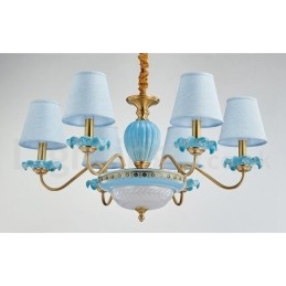 Retro Vintage Messing Keramiek Hangende Kaars Kroonluchter met Blauwe Stoffen Kapjes
