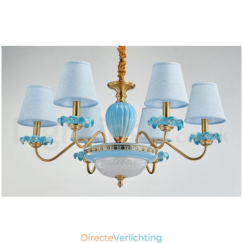 Retro Vintage Messing Keramiek Hangende Kaars Kroonluchter met Blauwe Stoffen Kapjes