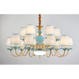 Retro Vintage Messing Keramiek Hangende Kaars Kroonluchter met Blauwe Stoffen Kapjes