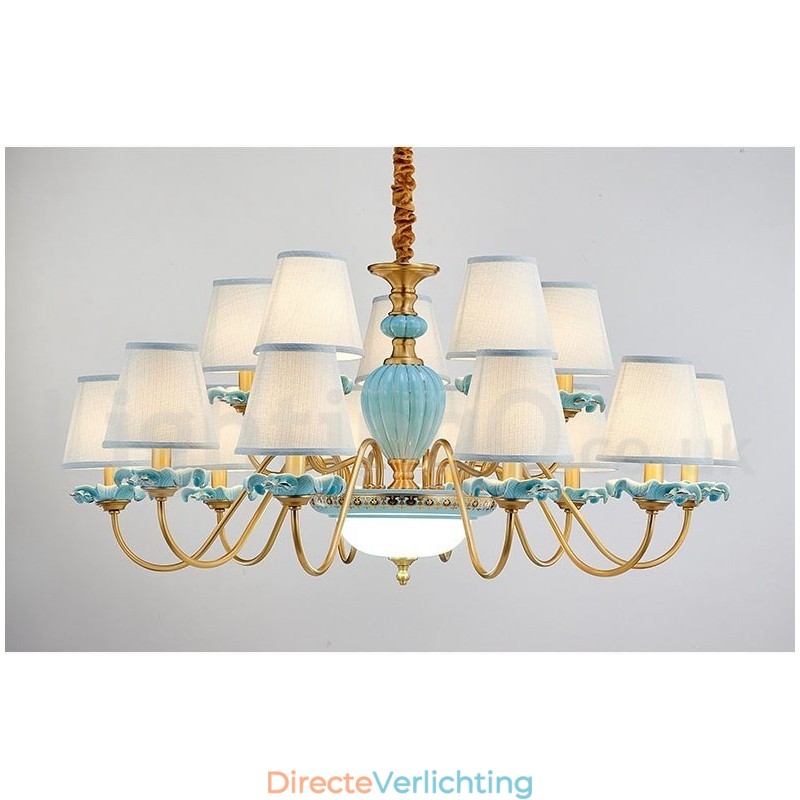 Retro Vintage Messing Keramiek Hangende Kaars Kroonluchter met Blauwe Stoffen Kapjes