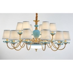 Retro Vintage Messing Keramiek Hangende Kaars Kroonluchter met Blauwe Stoffen Kapjes