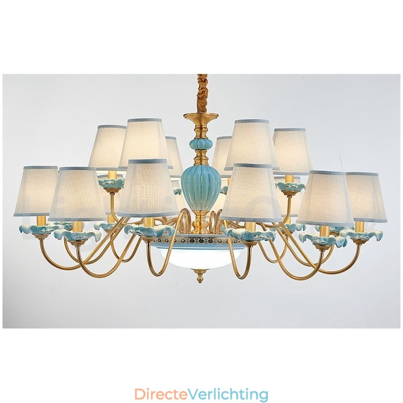 Retro Vintage Messing Keramiek Hangende Kaars Kroonluchter met Blauwe Stoffen Kapjes