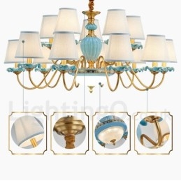 Retro Vintage Messing Keramiek Hangende Kaars Kroonluchter met Blauwe Stoffen Kapjes
