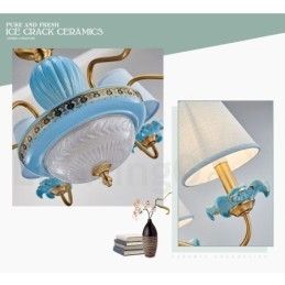 Retro Vintage Messing Keramiek Hangende Kaars Kroonluchter met Blauwe Stoffen Kapjes
