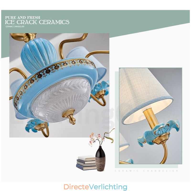 Retro Vintage Messing Keramiek Hangende Kaars Kroonluchter met Blauwe Stoffen Kapjes
