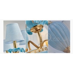 Retro Vintage Messing Keramiek Hangende Kaars Kroonluchter met Blauwe Stoffen Kapjes
