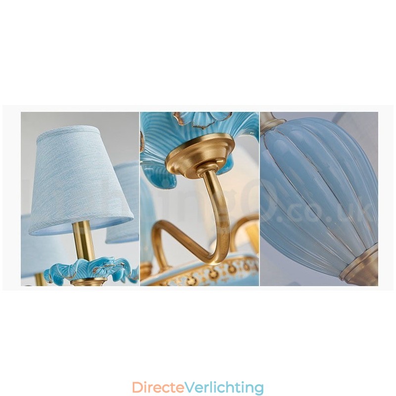 Retro Vintage Messing Keramiek Hangende Kaars Kroonluchter met Blauwe Stoffen Kapjes