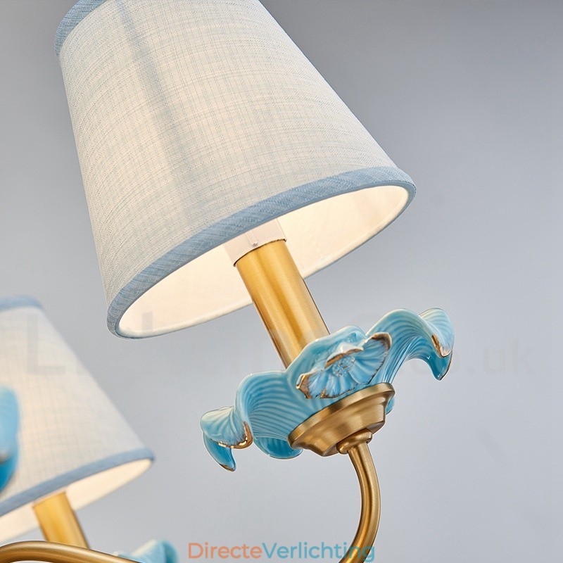 Retro Vintage Messing Keramiek Hangende Kaars Kroonluchter met Blauwe Stoffen Kapjes