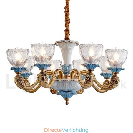 Retro Vintage Messing Keramiek Hangende Kaars Kroonluchter met Glazen Kapjes Retro Vintage Messing Keramiek Hangende Kaars Kroonluchter met Glazen Kapjes