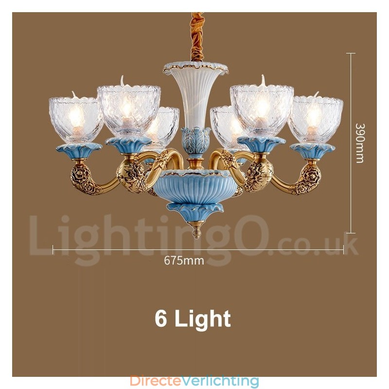 Retro Vintage Messing Keramiek Hangende Kaars Kroonluchter met Glazen Kapjes