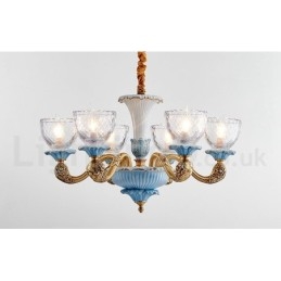 Retro Vintage Messing Keramiek Hangende Kaars Kroonluchter met Glazen Kapjes