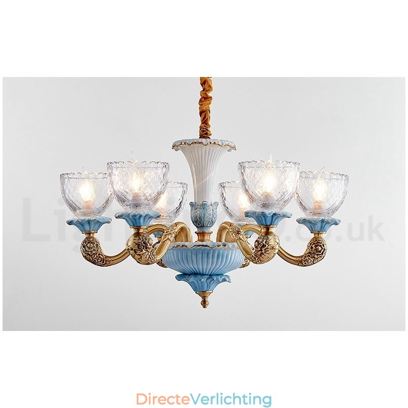 Retro Vintage Messing Keramiek Hangende Kaars Kroonluchter met Glazen Kapjes