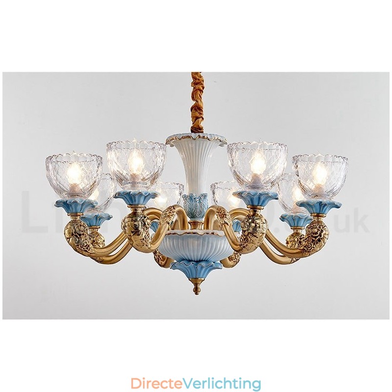 Retro Vintage Messing Keramiek Hangende Kaars Kroonluchter met Glazen Kapjes