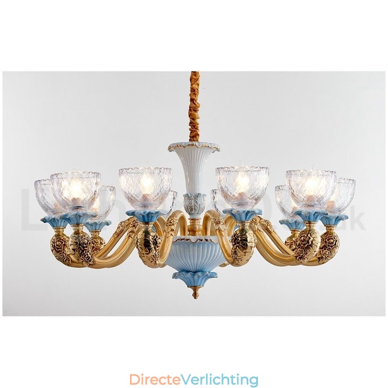 Retro Vintage Messing Keramiek Hangende Kaars Kroonluchter met Glazen Kapjes