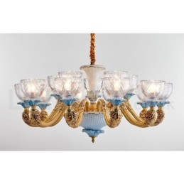 Retro Vintage Messing Keramiek Hangende Kaars Kroonluchter met Glazen Kapjes