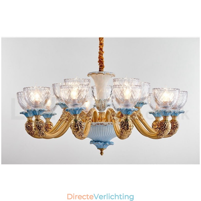Retro Vintage Messing Keramiek Hangende Kaars Kroonluchter met Glazen Kapjes
