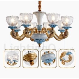 Retro Vintage Messing Keramiek Hangende Kaars Kroonluchter met Glazen Kapjes