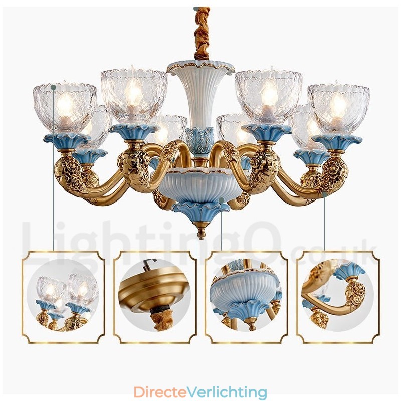 Retro Vintage Messing Keramiek Hangende Kaars Kroonluchter met Glazen Kapjes