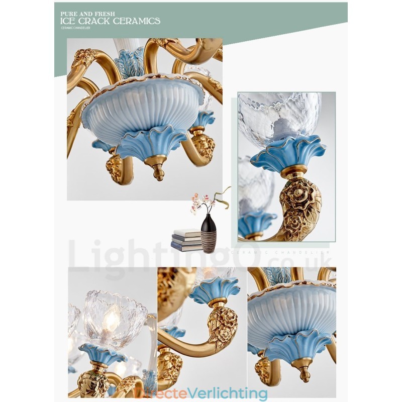Retro Vintage Messing Keramiek Hangende Kaars Kroonluchter met Glazen Kapjes