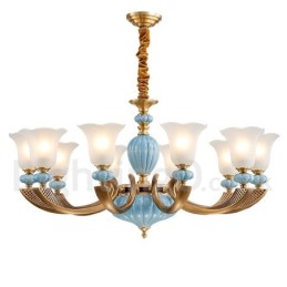 Retro Vintage Messing Keramiek Hangende Kaars Kroonluchter met Glazen Kapjes