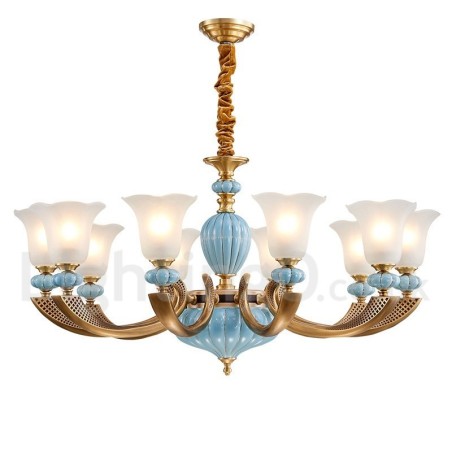 Retro Vintage Messing Keramiek Hangende Kaars Kroonluchter met Glazen Kapjes Retro Vintage Messing Keramiek Hangende Kaars Kroonluchter met Glazen Kapjes