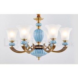 Retro Vintage Messing Keramiek Hangende Kaars Kroonluchter met Glazen Kapjes
