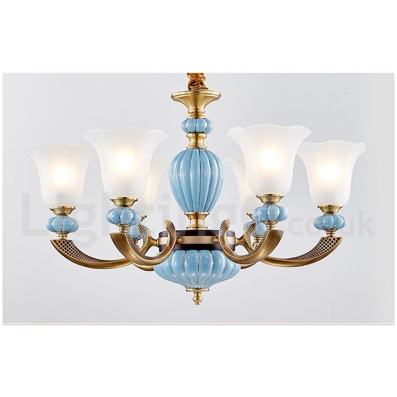 Retro Vintage Messing Keramiek Hangende Kaars Kroonluchter met Glazen Kapjes