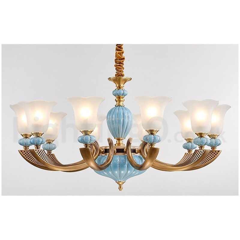 Retro Vintage Messing Keramiek Hangende Kaars Kroonluchter met Glazen Kapjes
