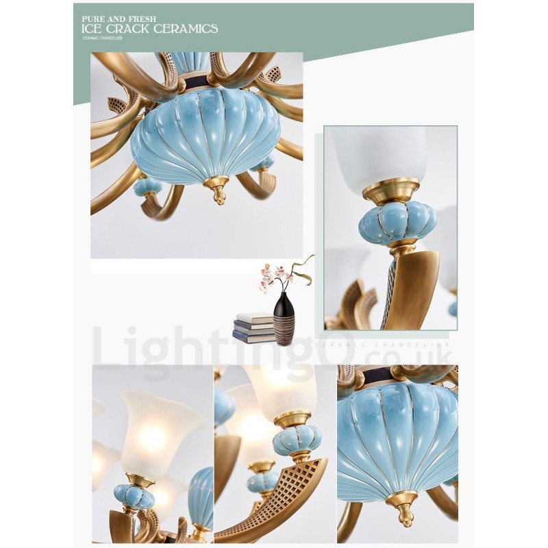 Retro Vintage Messing Keramiek Hangende Kaars Kroonluchter met Glazen Kapjes