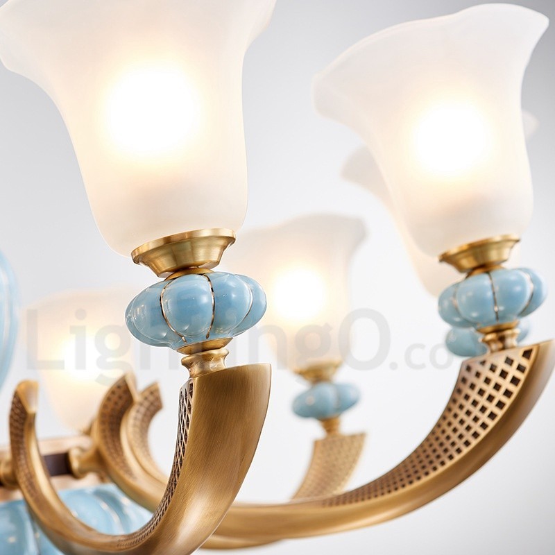 Retro Vintage Messing Keramiek Hangende Kaars Kroonluchter met Glazen Kapjes