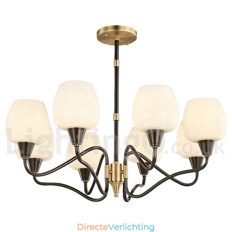 Retro Vintage Messing Hangende Kaars Kroonluchter met Glazen Kapjes