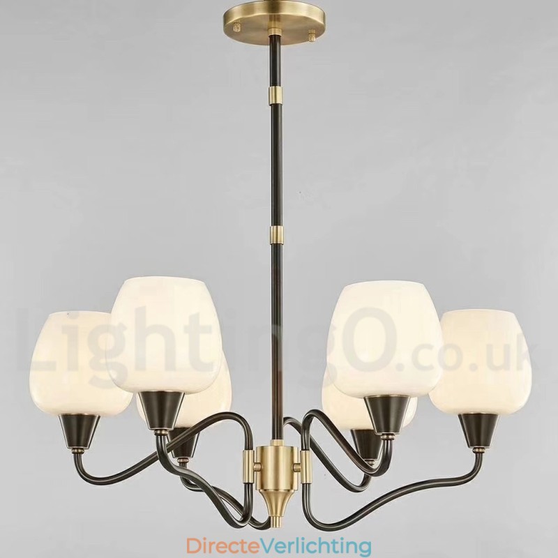 Retro Vintage Messing Hangende Kaars Kroonluchter met Glazen Kapjes