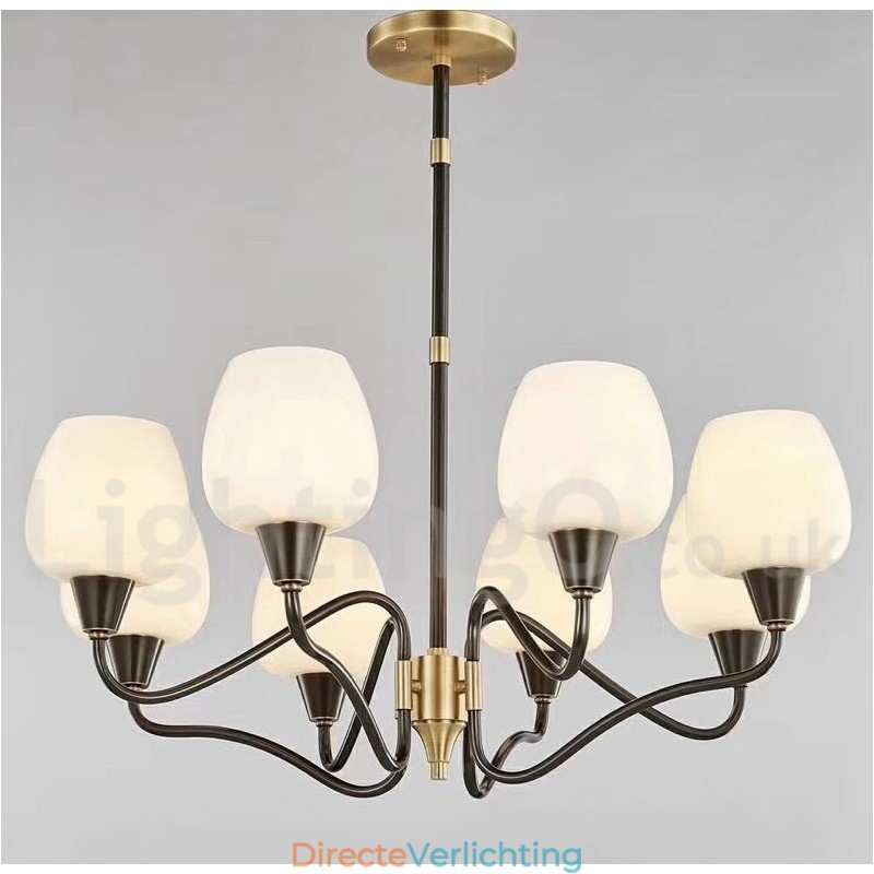 Retro Vintage Messing Hangende Kaars Kroonluchter met Glazen Kapjes