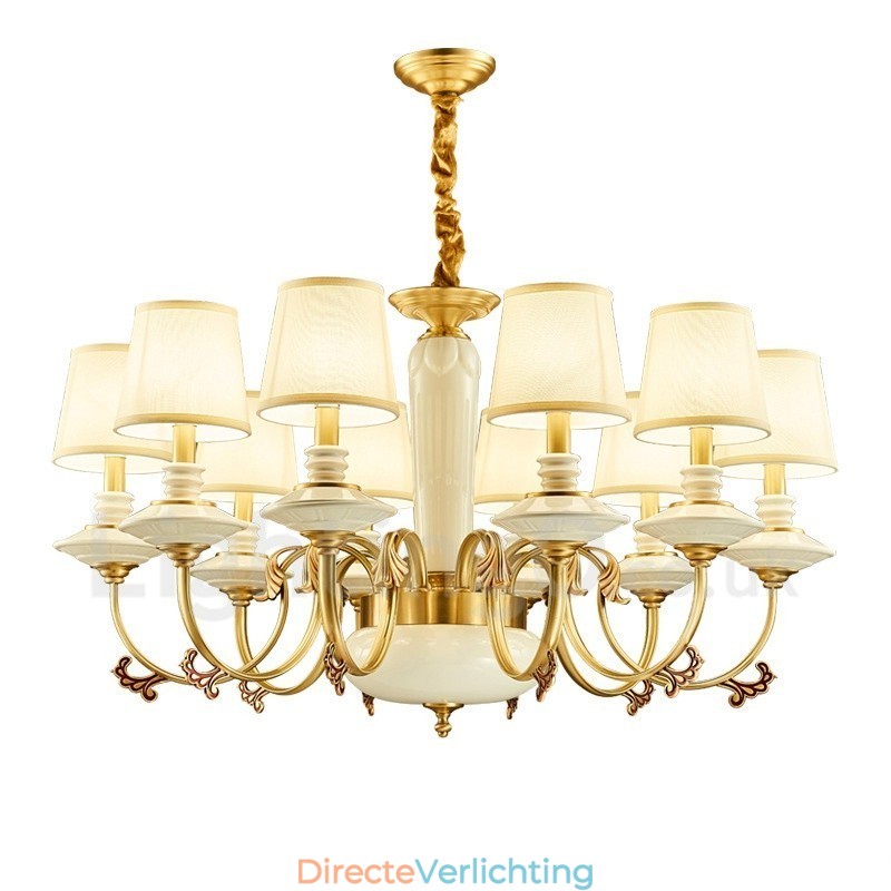 Retro Vintage Messing Keramiek Hangende Kaars Kroonluchter met Stoffen Kapjes
