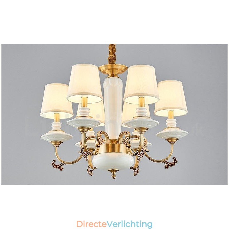 Retro Vintage Messing Keramiek Hangende Kaars Kroonluchter met Stoffen Kapjes